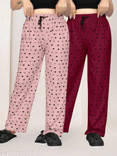 Women's Baby Pink/Maroon Cotton Pyjama Set, pack of 2 - Heart-printed maxi length pyjamas for a cozy night, India origin